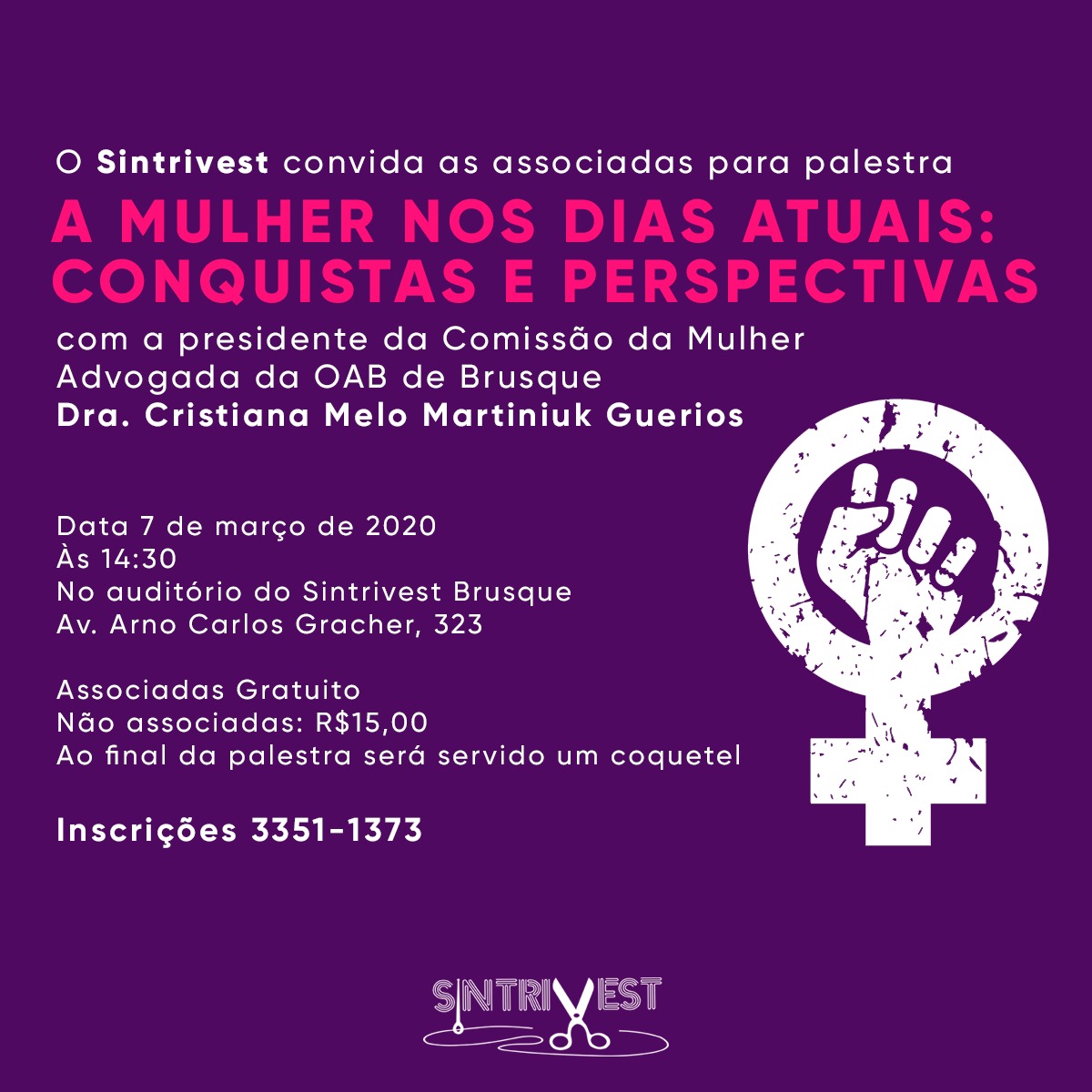Sintrivest promove evento alusivo ao Dia Internacional da Mulher no dia 7 de março